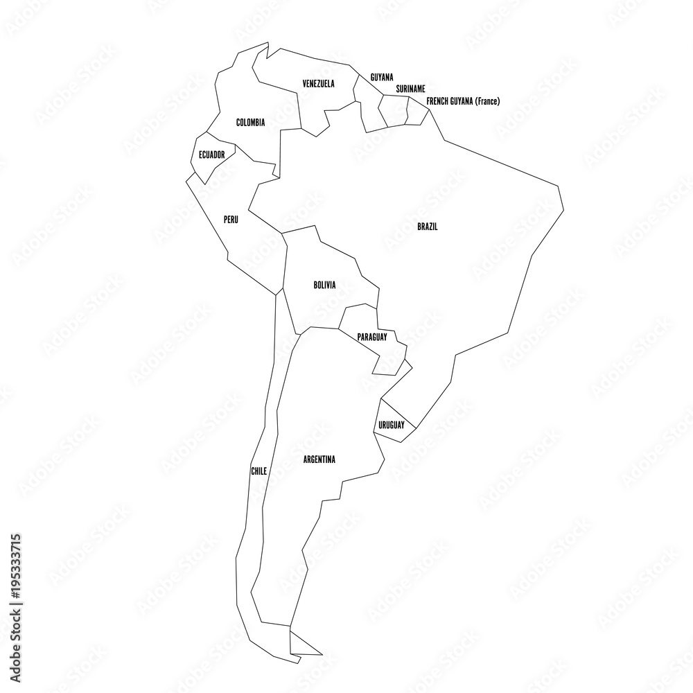 Political map of South America. Simplified thin black wireframe outline with national borders and country name labels. Vector illustration.
