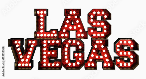 LAS VEGAS Made of Red Rusty Metallic Light Bulb Frame. 3d Rendering on Black Background.