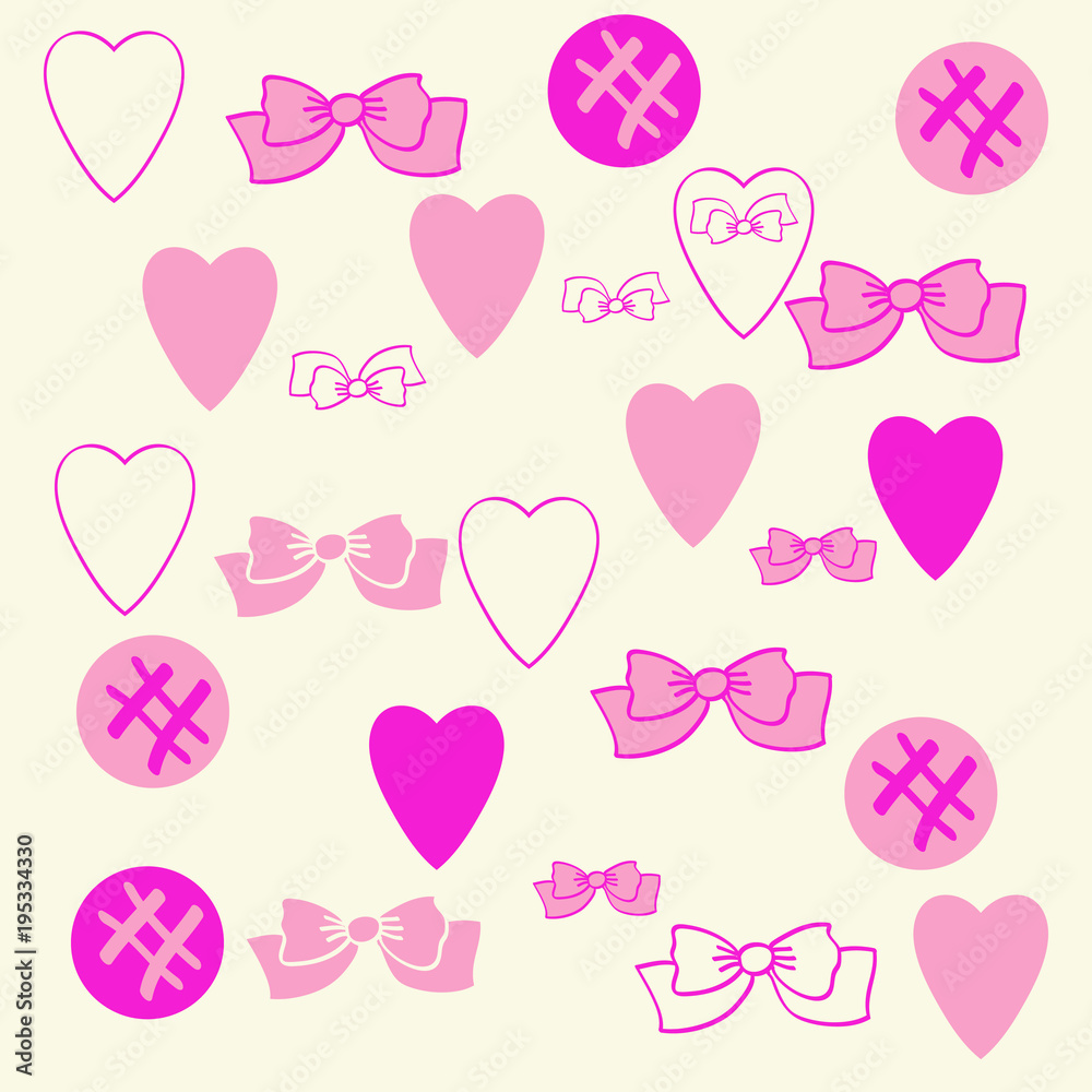 Valentin pattern,hearts,ellipses scribbles, bows. Hand drawn.