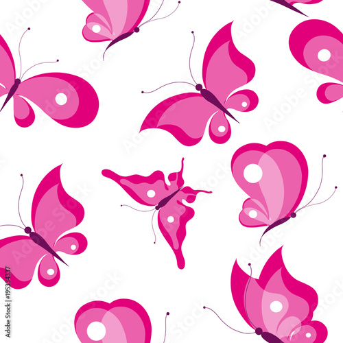 beautiful pink butterflies, pattern on a white