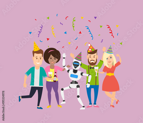 happy people having fun on party with robot 