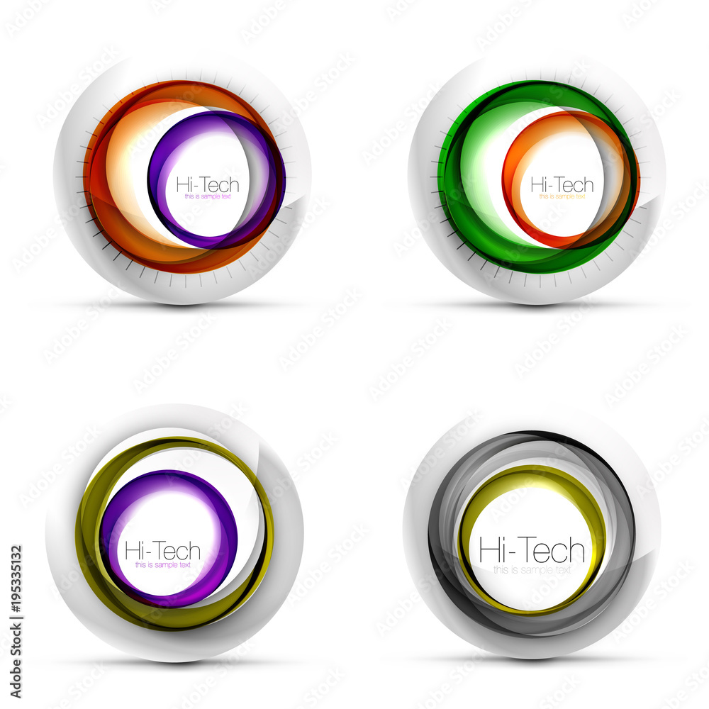 Set of digital techno spheres - web banners, buttons or icons with text. Glossy swirl color abstract circle design, hi-tech futuristic symbols with color rings and grey metallic element Set of digital techno spheres - web banners, buttons or icons with text. Glossy swirl color abstract circle design, hi-tech futuristic symbols with color rings and grey metallic element