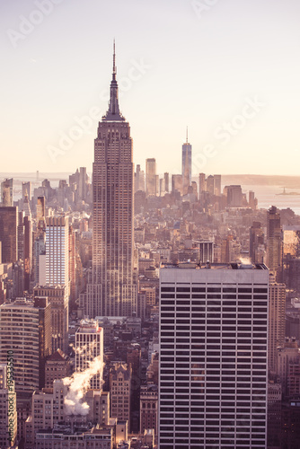 Lower Manhattan Downtown skyline panorama from Brooklyn Bridge Park riverbank  New York City  USA
