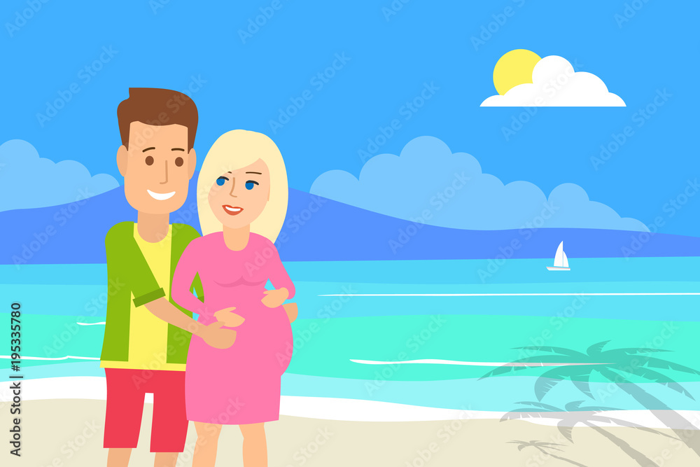 couple man and pregnant woman on tropical beach couple man and pregnant woman on tropical beach
