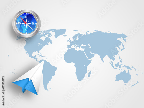 Origami airplane and compass on world map as background represents concept of travel, transportation, journey and global connection. Technology background. Vector illustration
