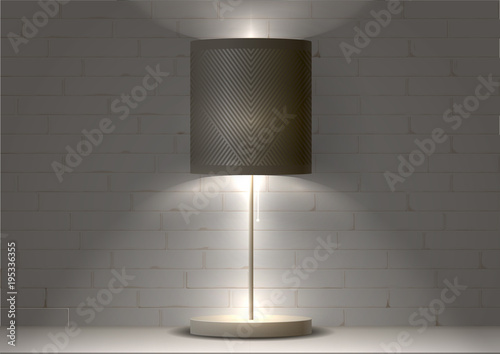 Mockup with a bright lamp on a brick wall. The interior is loft-style. Background in vector graphic. Dresser in a dark room.