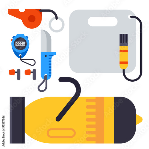 Set of flat elements for spearfishing diving underwater protective sea diver equipment vector professional hunter tools.
