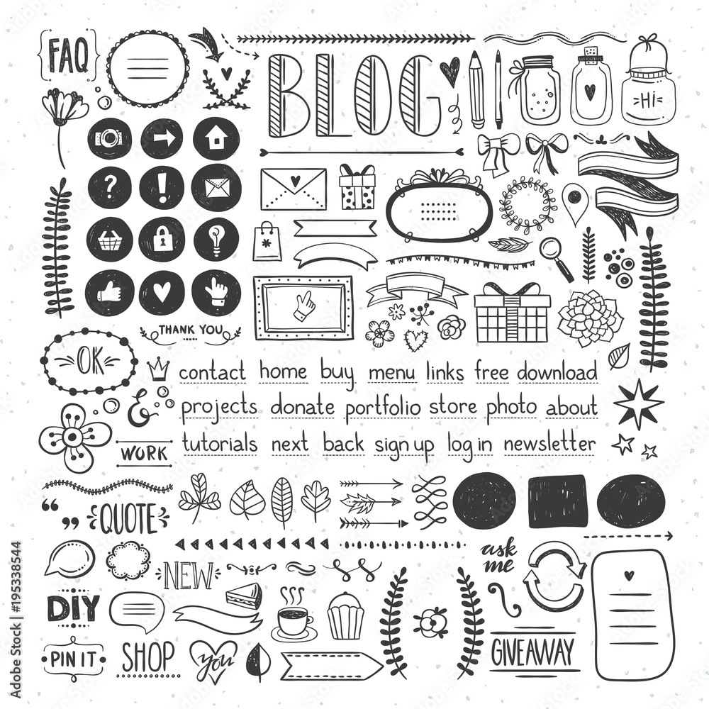 Hand drawn design elements for blog decoration. Doodles for blog design.  Icons and cute drawings graphics vector de Stock | Adobe Stock