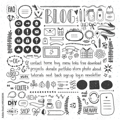 Hand drawn design elements for blog decoration. Doodles for blog design. Icons and cute drawings graphics