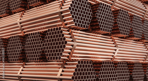 Warehouse of copper pipes. Rolled metal product. 3d illustration.