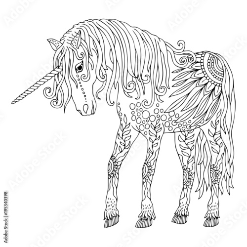Unicorn. Hand drawn fantasy horse. Sketch for anti-stress adult coloring book in zen-tangle style. Vector illustration for coloring page.