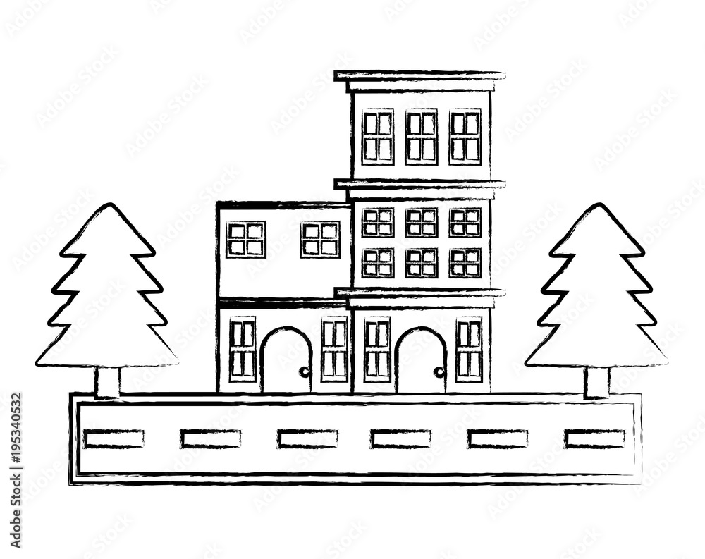 sketch of street with big house and trees icon over whtie background, vector illustration