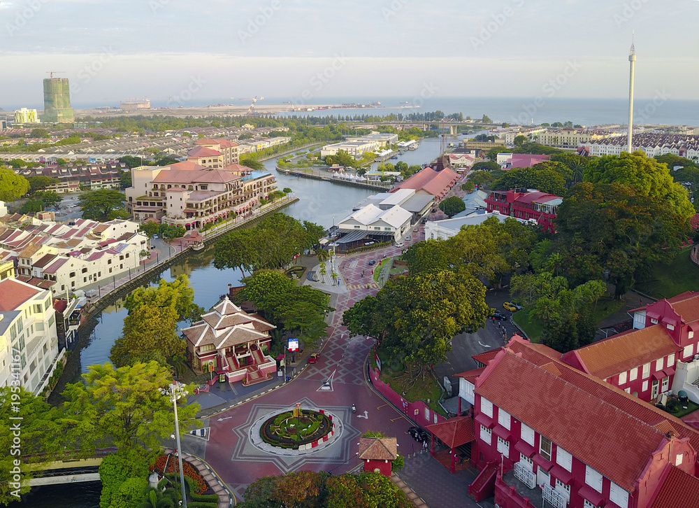 Obraz premium Aerial view of Malacca city during sunrise.