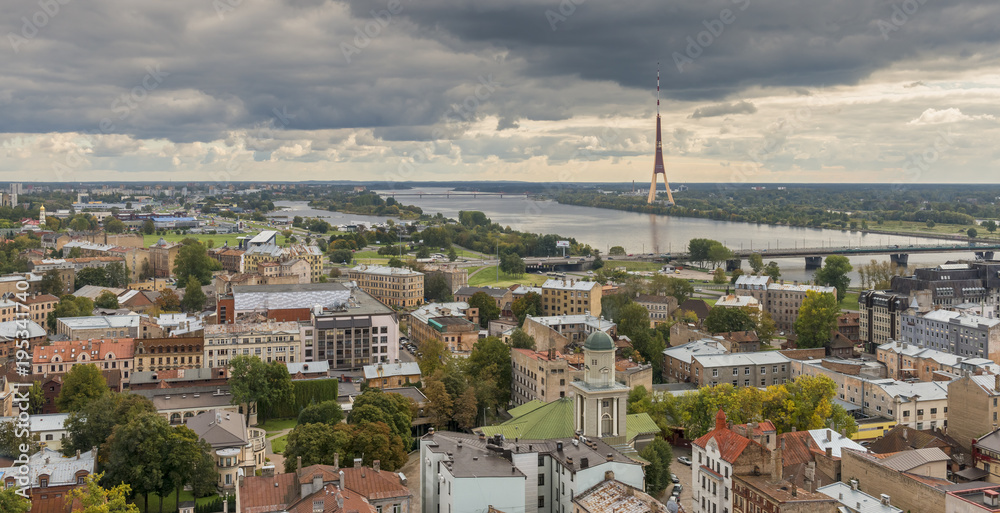 Aerial view on the center of Riga - capital and largest city of Latvia, a major commercial, cultural, historical and financial center of the Baltic region