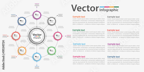 Infographic design template with circles. Business concept with 8 options. For content, diagram, flowchart,steps, parts,timeline infographics, workflow layout,chart,illustration. Vector eps 10