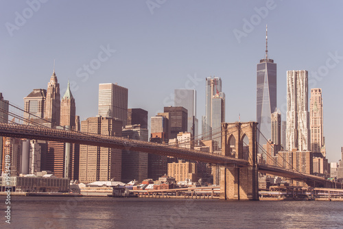 Lower Manhattan Downtown skyline panorama from Brooklyn Bridge Park riverbank, New York City, USA © Simon Dannhauer