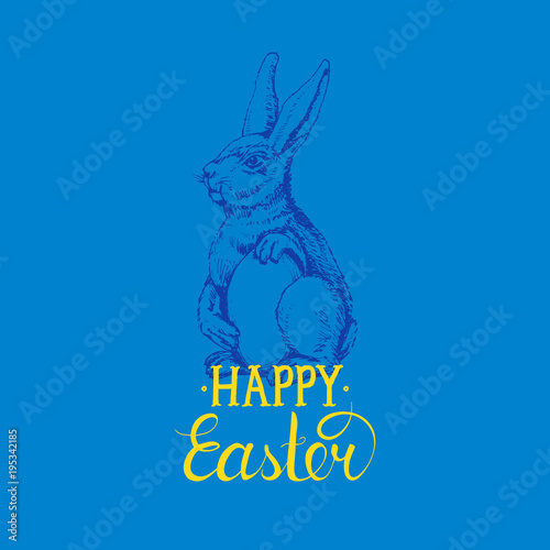 Hand lettering Happy Easter in vector.Drawn illustration of paschal egg and Bunny for holiday poster, greeting card etc.