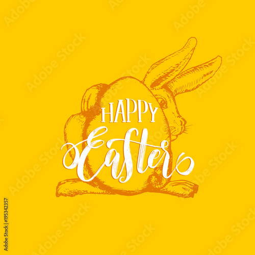 Hand lettering Happy Easter in vector.Drawn illustration of paschal egg and Bunny for holiday poster, greeting card etc.