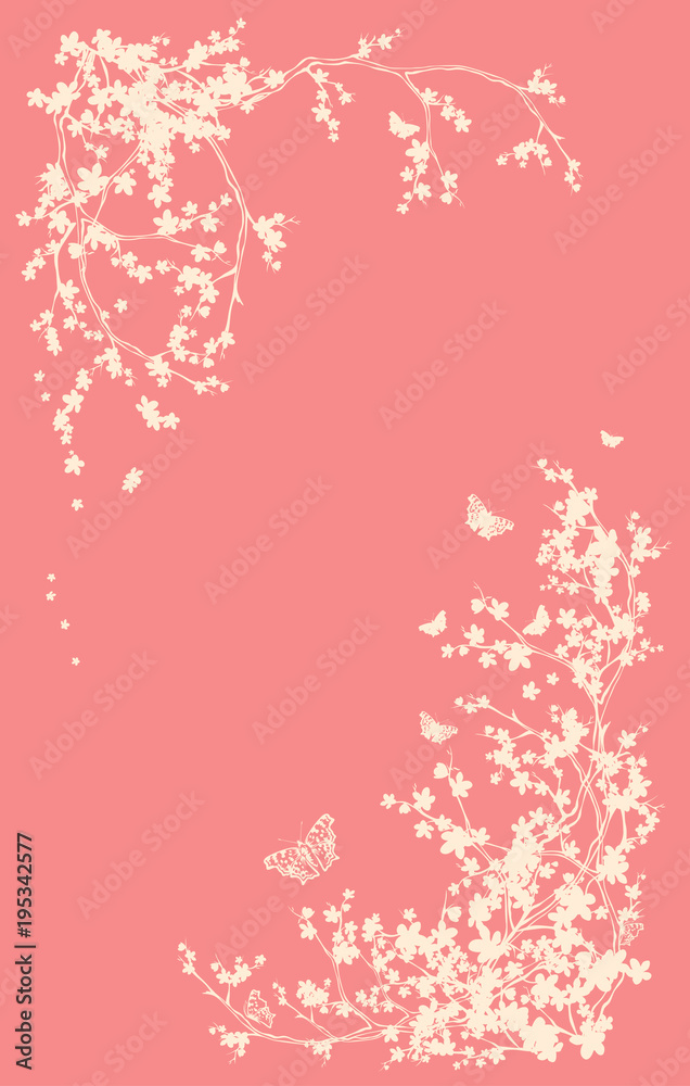 spring season vertical background with sakura branches and butterflies vector silhouette spring season vertical background with sakura branches and butterflies vector silhouette