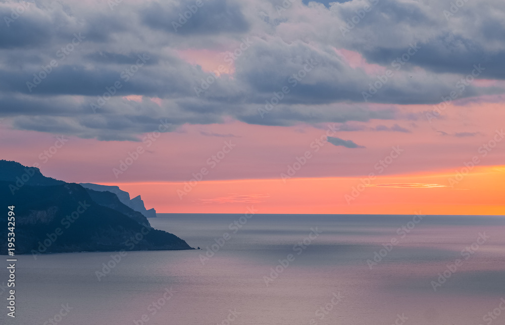 Spectacular sunset along the rugged coastal landscapes along the western coast of Majorca (Mallorca), Balearics Islands, Spain