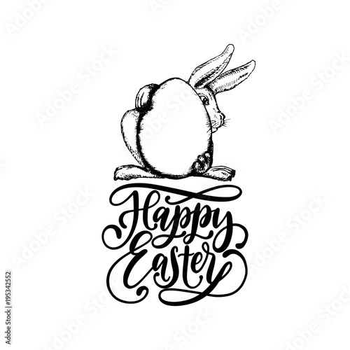 Hand lettering Happy Easter in vector.Drawn illustration of paschal egg and Bunny for holiday poster, greeting card etc.