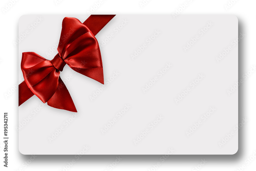 Greeting card with red satin ribbon and bow, isolated on white background Greeting card with red satin ribbon and bow, isolated on white background