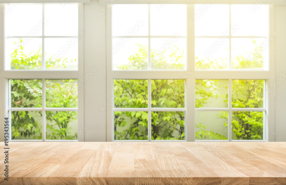 Top of wood table counter on blur window view garden background. Photos |  Adobe Stock
