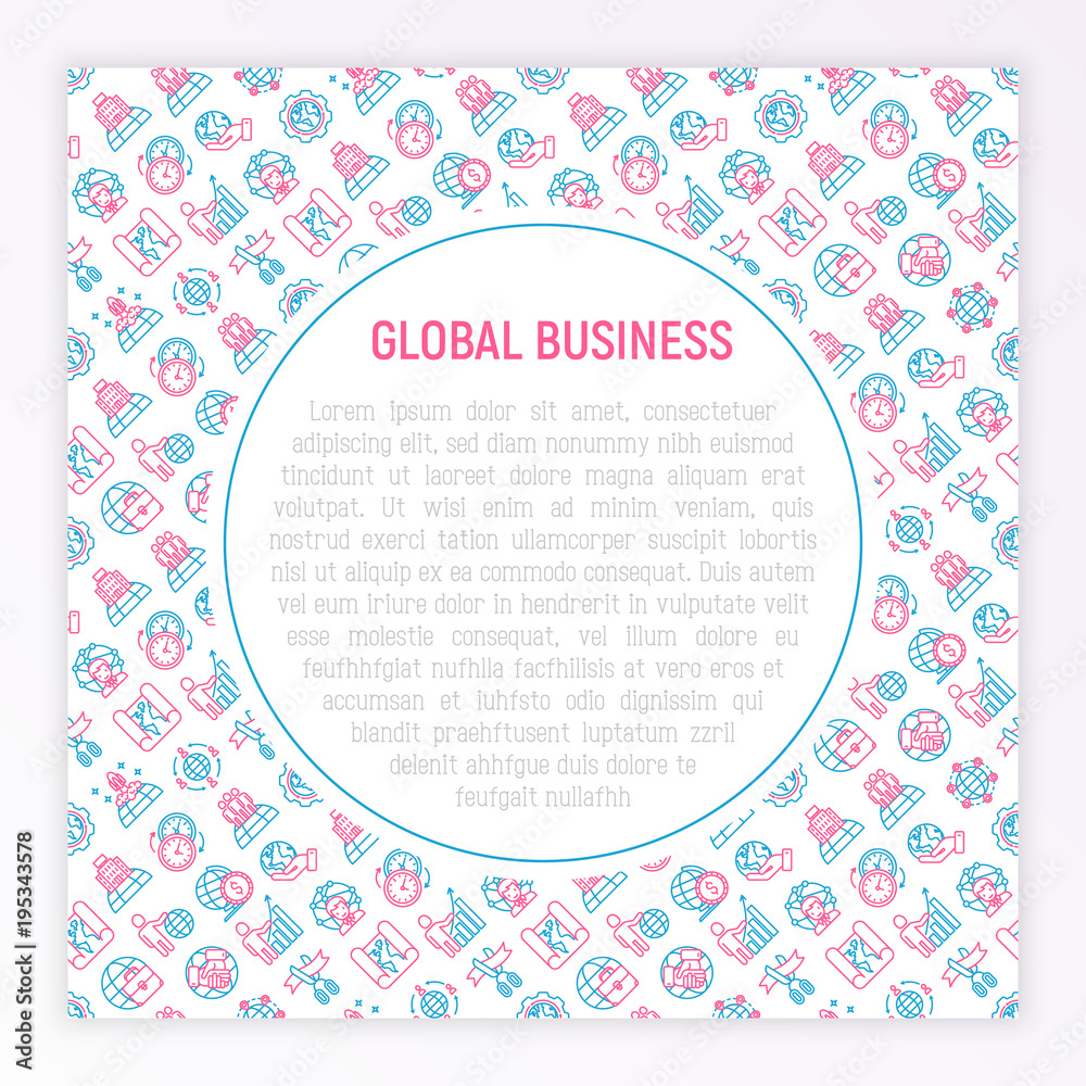 Global business concept with thin line icons: investment, outsourcing, agreement, transactions, time zone, headquarter, start up, opening ceremony. Modern vector illustration for web page, print media Global business concept with thin line icons: investment, outsourcing, agreement, transactions, time zone, headquarter, start up, opening ceremony. Modern vector illustration for web page, print media