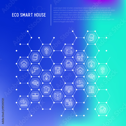 Eco smart house concept in honeycombs with thin line icons: solar battery, security, light settings, appliances, artificial intelligence, mobile app control. Energy saving vector illustration.