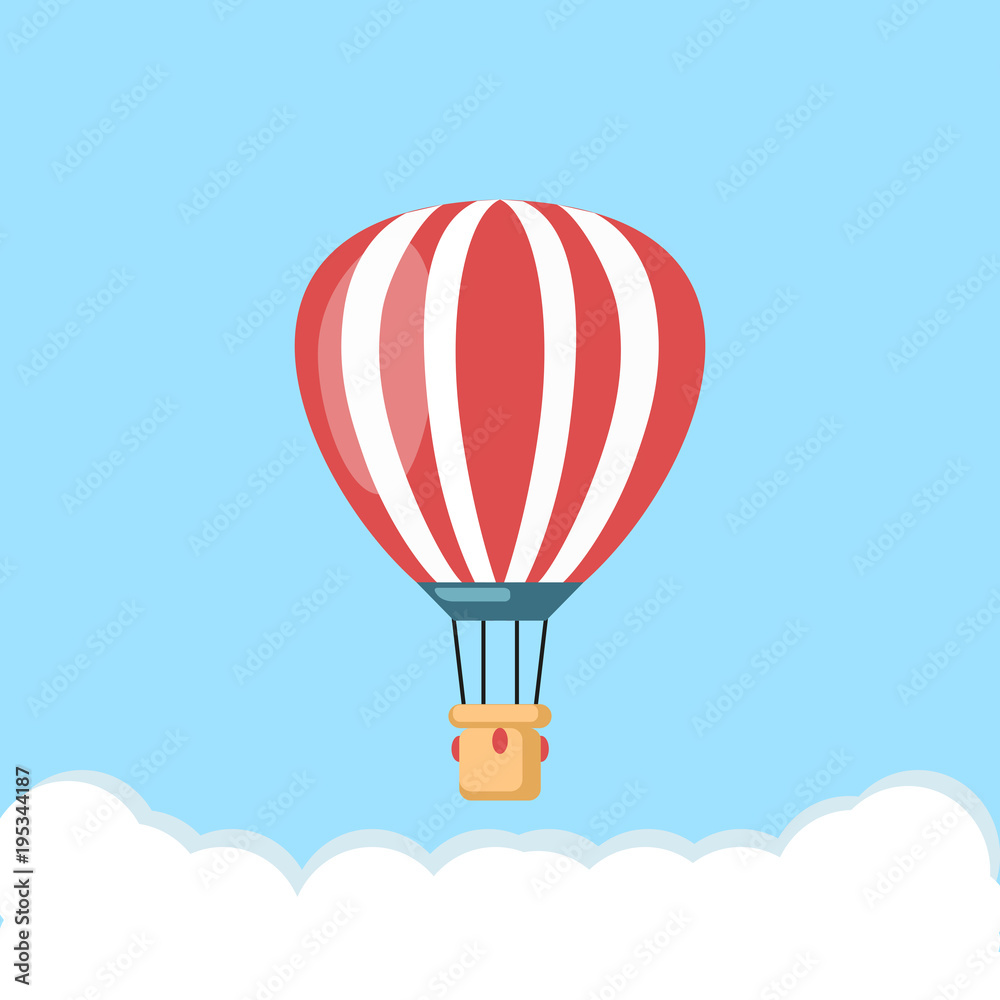 Obraz premium Balon na ogrzane powietrze w niebo z chmurami na białym tle. Kosmonautyka z dnem. Ilustracja kreskówka płaski wektor