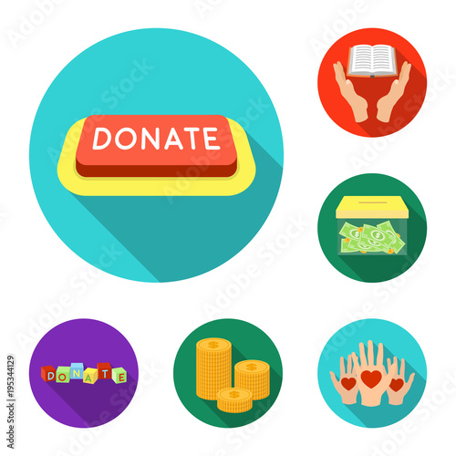 Charity and donation flat icons in set collection for design. Material aid vector symbol stock web illustration.