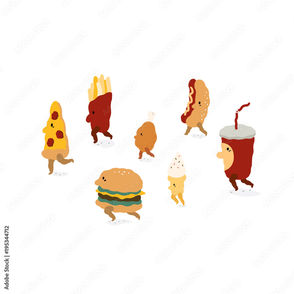 Set of pizza,hamburger,french fries,fried chicken,ice cream,hotdog,soda