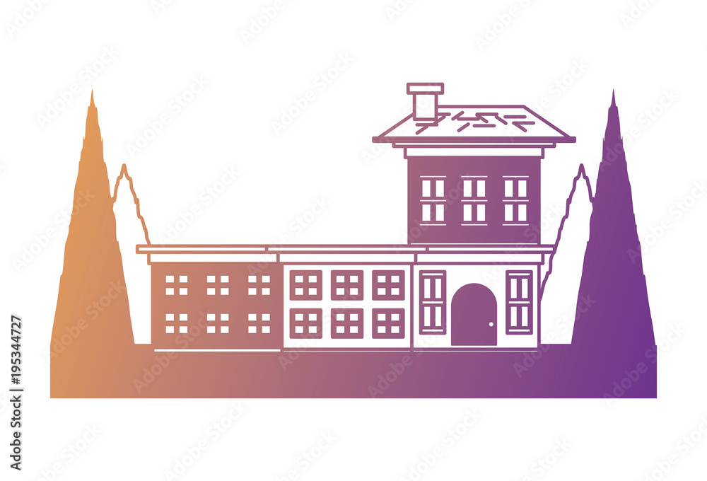 Big house surrounded by trees over white background colorful design. vector illustration