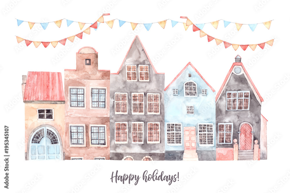 Watercolor illustration. Old town city. Happy holidays. Cityscape - houses, buildings, pointer. Europe. Perfect for invitations, greeting cards, posters, prints, packing etc