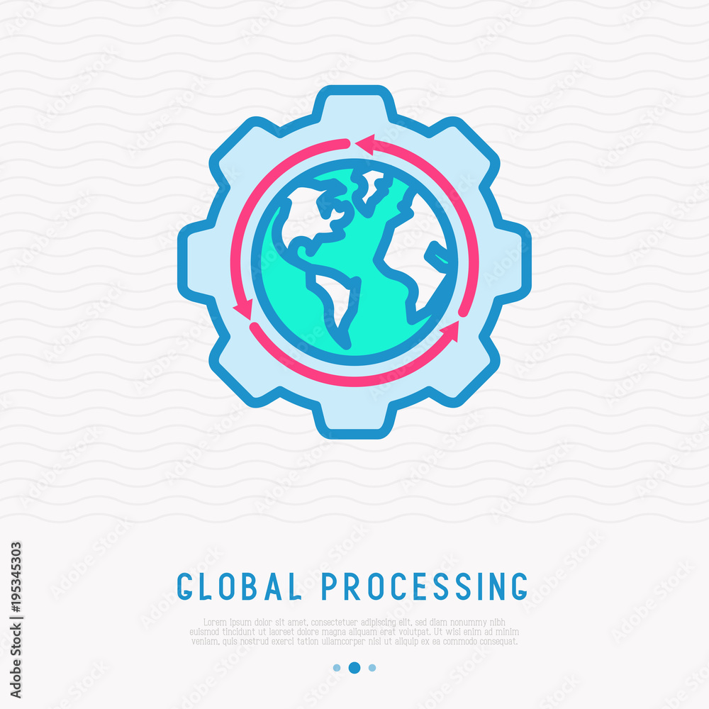 Global processing thin line icon: globe in wheel. Modern vector illustration.