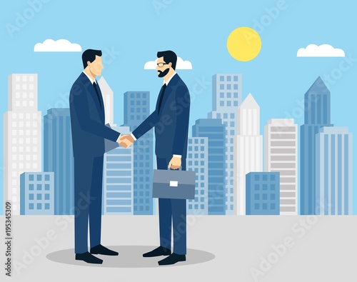 Two businessmen in suits shaking hands. Business concept vector illustration