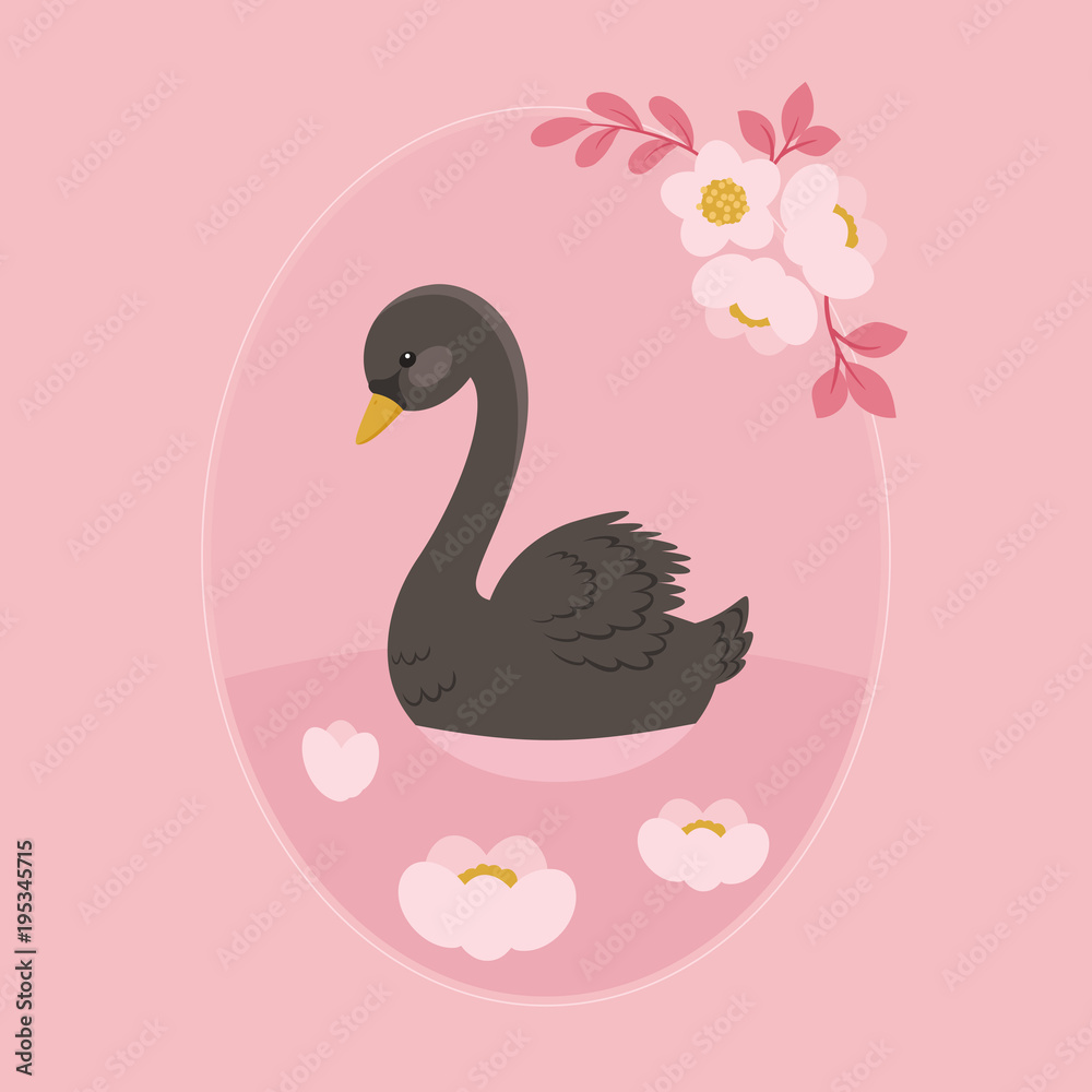 Fototapeta premium Black swan swimming in floral lake