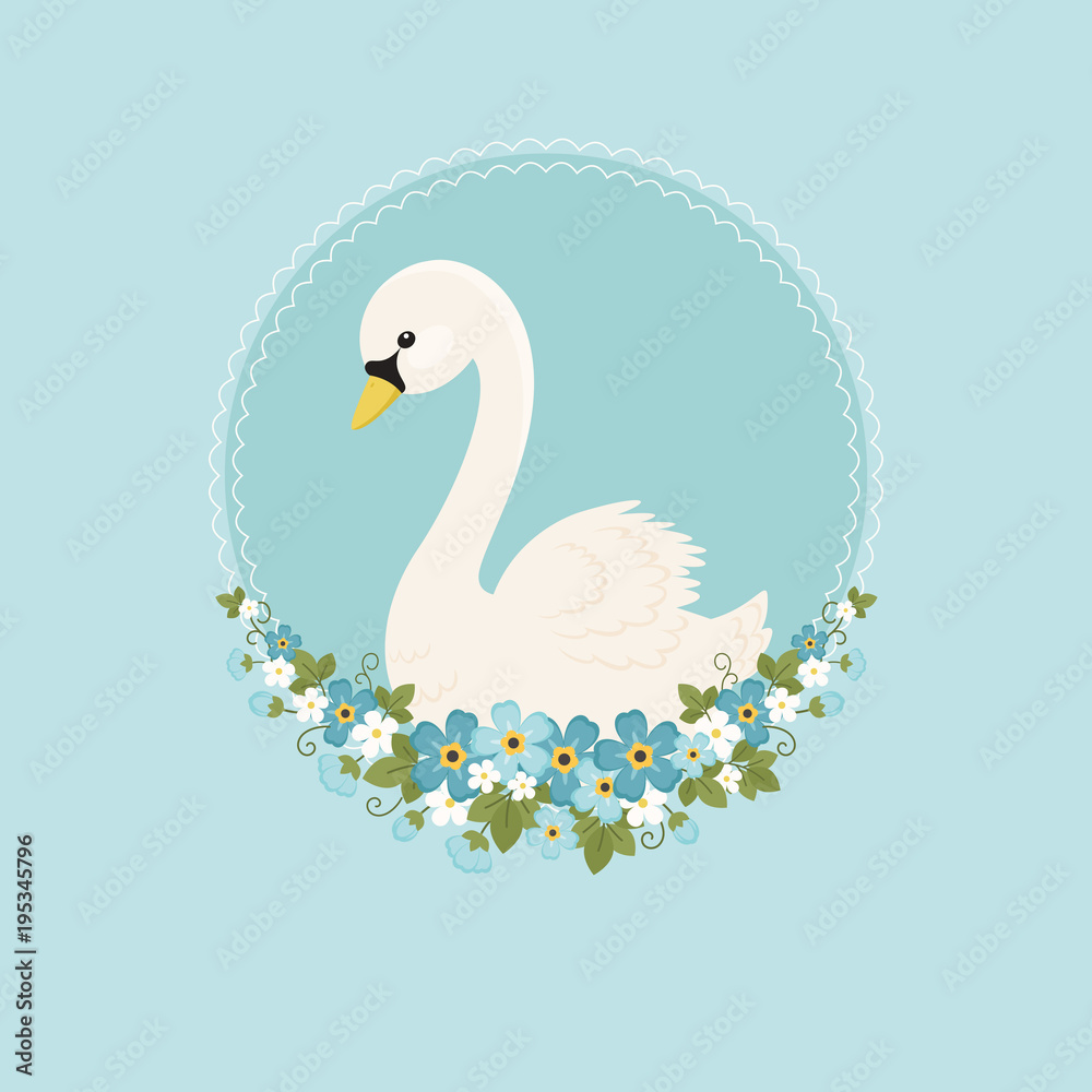 Fototapeta premium White swan with forget-me-nots flowers on blue background