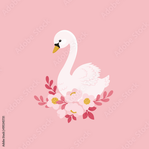 White swan and beautiful flowers