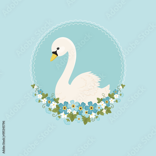 White swan with forget-me-nots flowers on blue background
