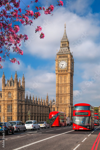 Big Ben with bus during spring time in London  England  UK