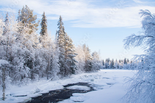Half frozen Raudanjoki peat river on a sunny winter day, Vaattunki, Finland.