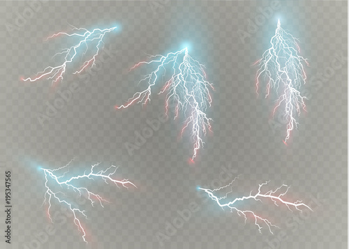 A set of lightning Magic and bright light effects. Vector illustration. Discharge electric current. Charge current. Natural phenomena. Energy effect illustration. Bright light flare and sparks