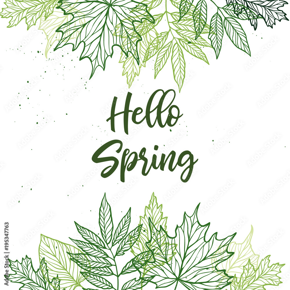 Obraz Hand drawn vector illustration. Spring label with green leaves, herbs and branches. Floral Design elements. Perfect for wedding invitations, greeting cards, blogs, posters and more