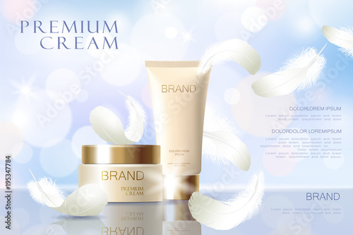 Realistic foundation skin tone. Tube container golden cosmetic light background blue sunny sky spring white feather. 3d template mock up branding cosmetic care product vector illustration