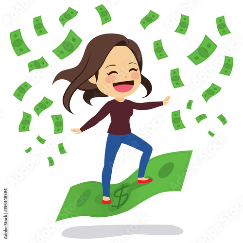 Young woman with casual clothes happy riding green banknote