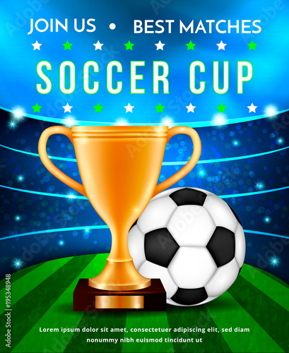 Football soccer cup,vector illustration concept.Sport trophy and soccer ball on green stadium arena background with spotlights,flashes and flares