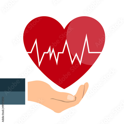 Heart beat line on hand icon on white background