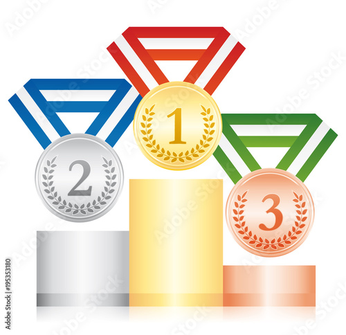 Beautiful podium with gold, silver and bronze medals. Award ceremony. Vector icon.