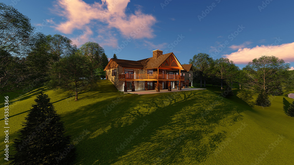 3D Illustration of a Hillside Lake House